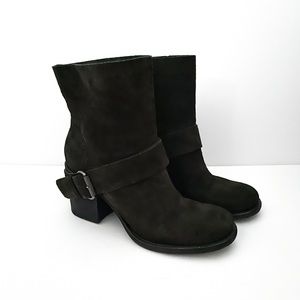 Vera Wang Lavender Casey Black Suede Leather Buckle Moto Chunky Block Boots